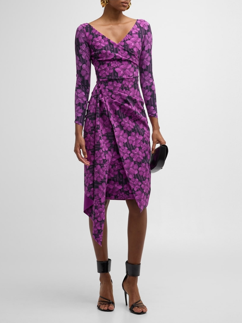 Chiara Boni Purple Floral Draped Long-Sleeve Midi Dress